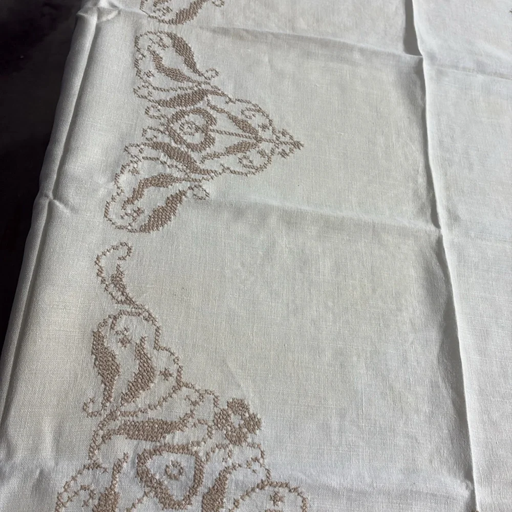 Vintage Embordered Cream and Brown Table Cloth